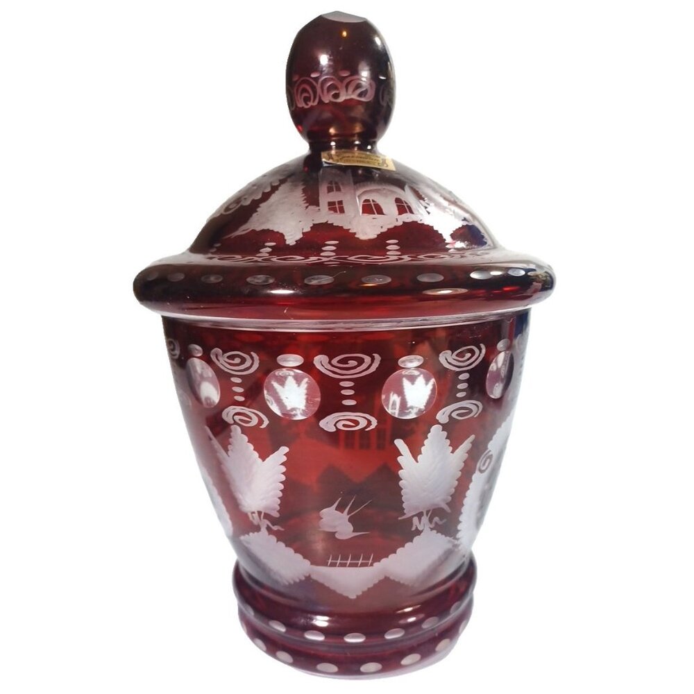Vintage EGERMANN RUBY RED Bohemian Czech Art Glass - 9” Tall Covered Jar, Candy